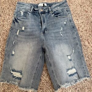 Risen Light Blue Distressed Denim Bermuda Shorts size L